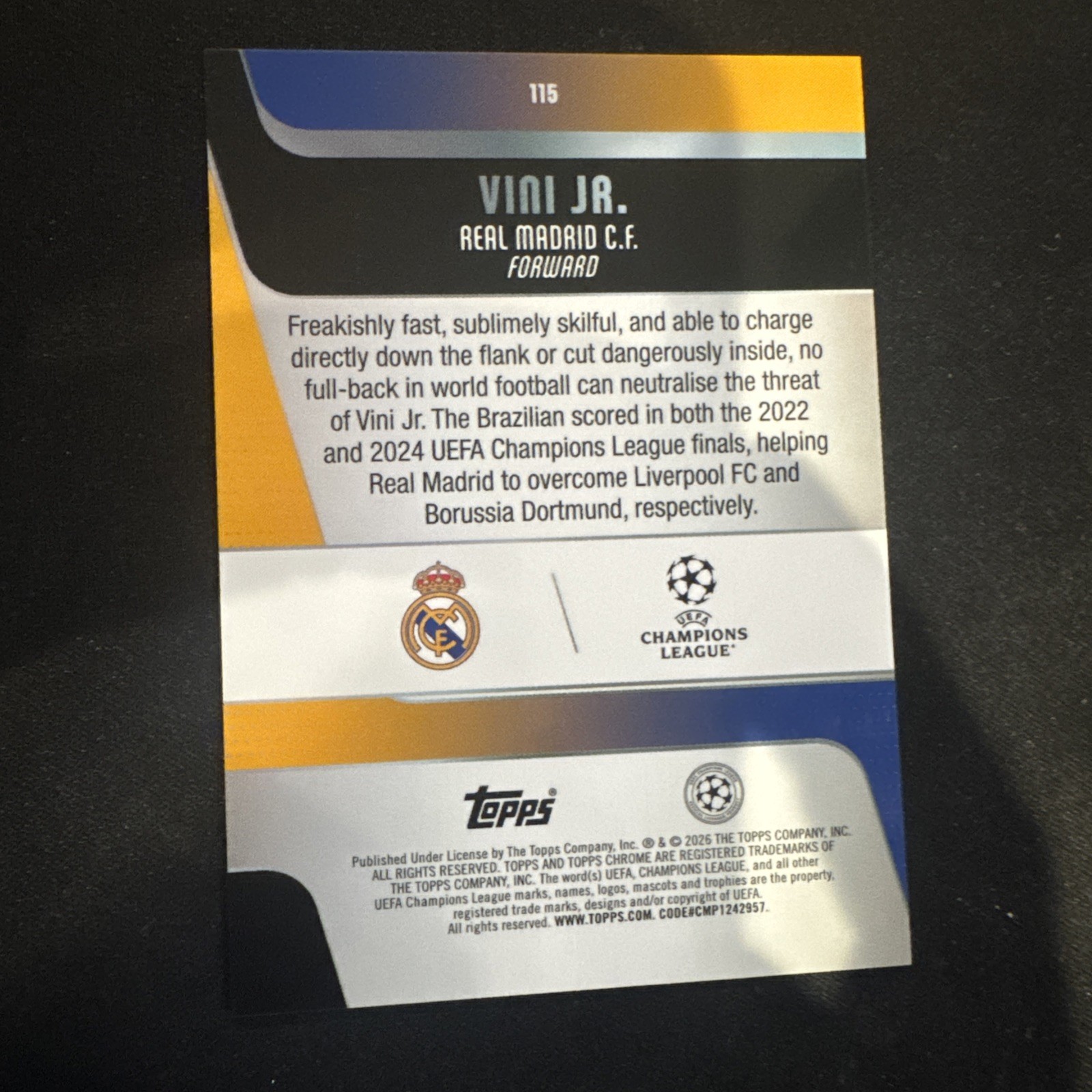 Vinicius Jr Orange Geometric /25 Topps Chrome UEFA Real Madrid SSP view 3