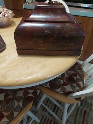 Vintage Bombay Co Storage Box With Lid Chinioserie Black Velvet Lined  12x14''
