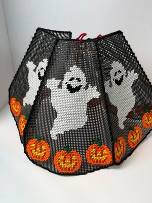 Handmade Halloween Plastic Canvas Lamp Shade Cover Ghost Pumpkin 11'' Vintage