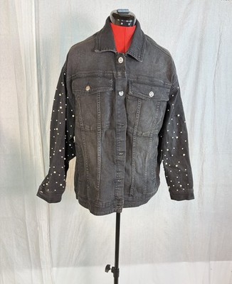 IMAN Womens Denim Jean Jacket NWT Size 1X Black Pearls 360 Slimming Technology