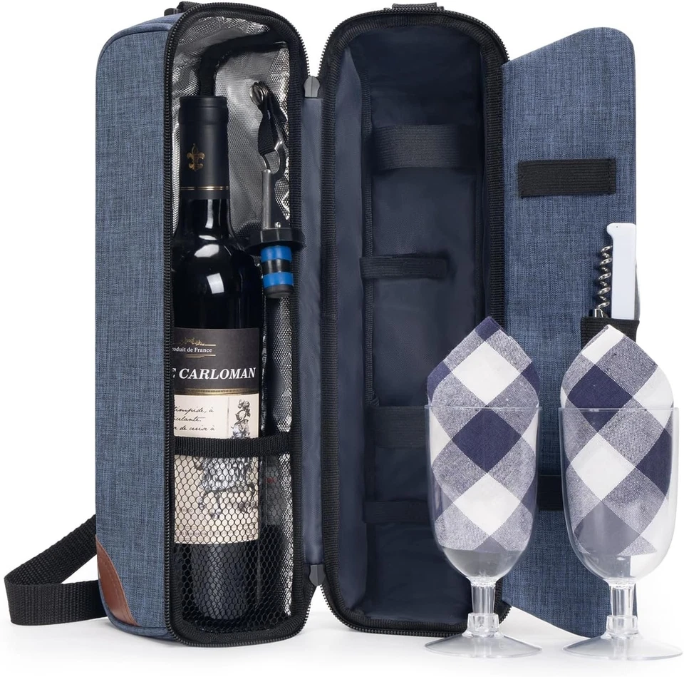 Bolso de Vino Aislado ALLCAMP - Elegante Bolso Enfriador Azul con Vasos y Sacacorchos Foto 3 de 4