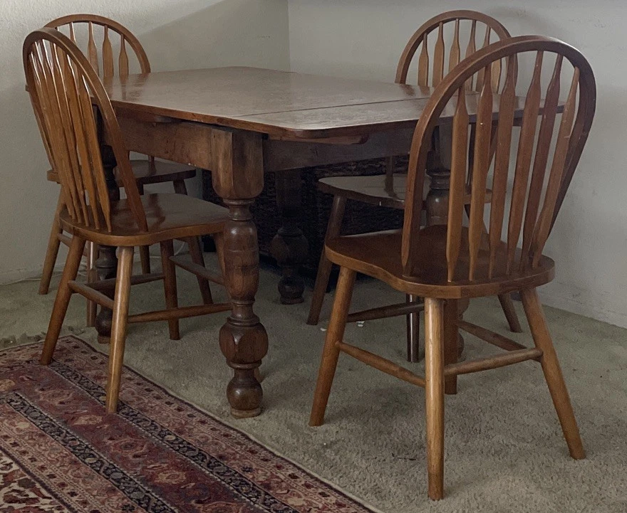 Vintage Solid Oak Dining Rectangle 59.25” Table. 4 Arrowback Chairs. Made Taiwan - Image 2 of 4