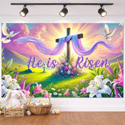 He Is Risen Easter Banner 71x43 Inch Religious Cross Spring Landscape Backdrop C