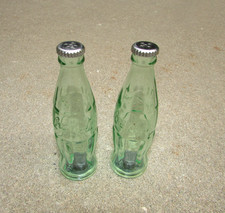 Coca Cola Green Glass Mini 4.5&rdquo; Coke Bottle Salt & Pepper Shakers Metal Top Lid