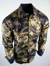Mens Shirt Blue Floral Gold Metallic Prints Smooth Stretch Material Button Up