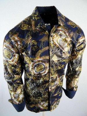 Mens Shirt Blue Floral Gold Metallic Prints Smooth Stretch Material Button Up
