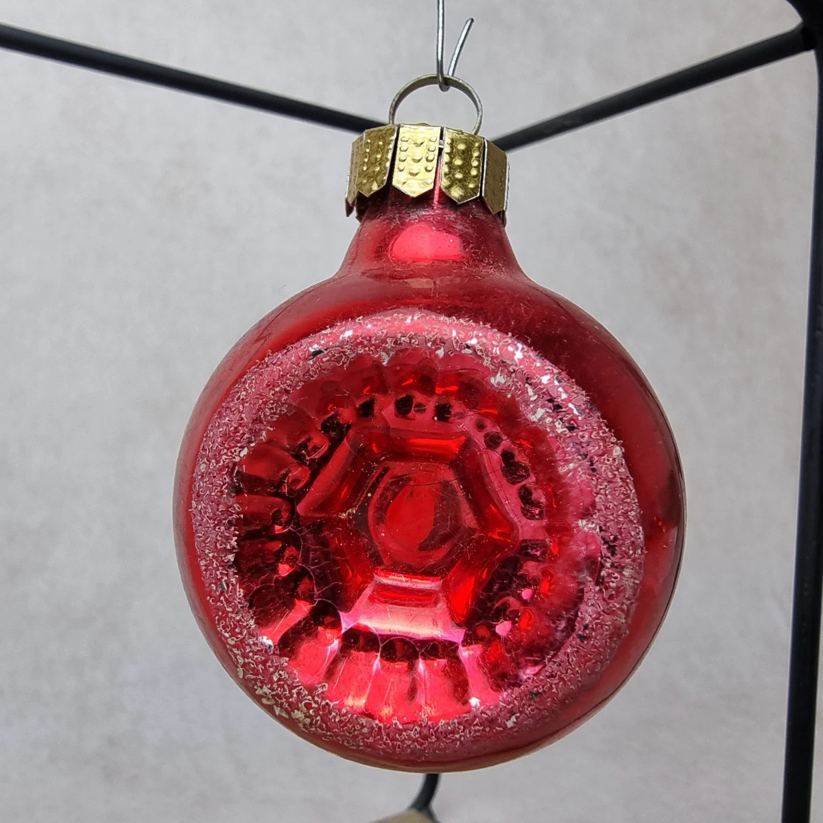 Lot De 6 Boules De Noël Vintage – Verre Craquelé Rouge – Décorations Anciennes