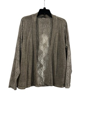 Women s Tempo Paris Gray 100% Wool Open Front Knit Lace Cardigan: Boho: S