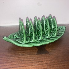 Vintage MAJOLICA GREEN LEAVES 4 Slice TOAST RACK Holder
