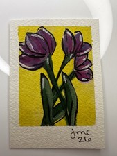 ACEO Original watercolor acrylic tulip OOAK Signed 2.5x3.5 Polaroid