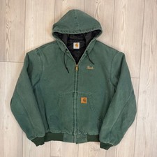 Carhartt Mens Active Jacket Green Duck Canvas Quilted Lined Hooded Barb Dog XL