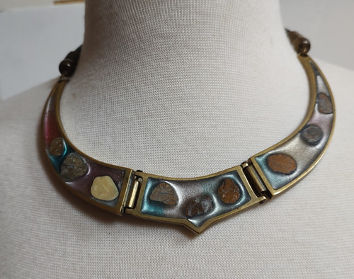 Fused Dichroic Glass Brass Studio Architectural Collar Necklace 80s
