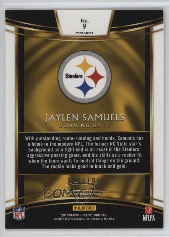2018 Panini Select Concourse Tri-Color Prizm /199 Jaylen Samuels #9 Rookie RC - Image 2 of 2