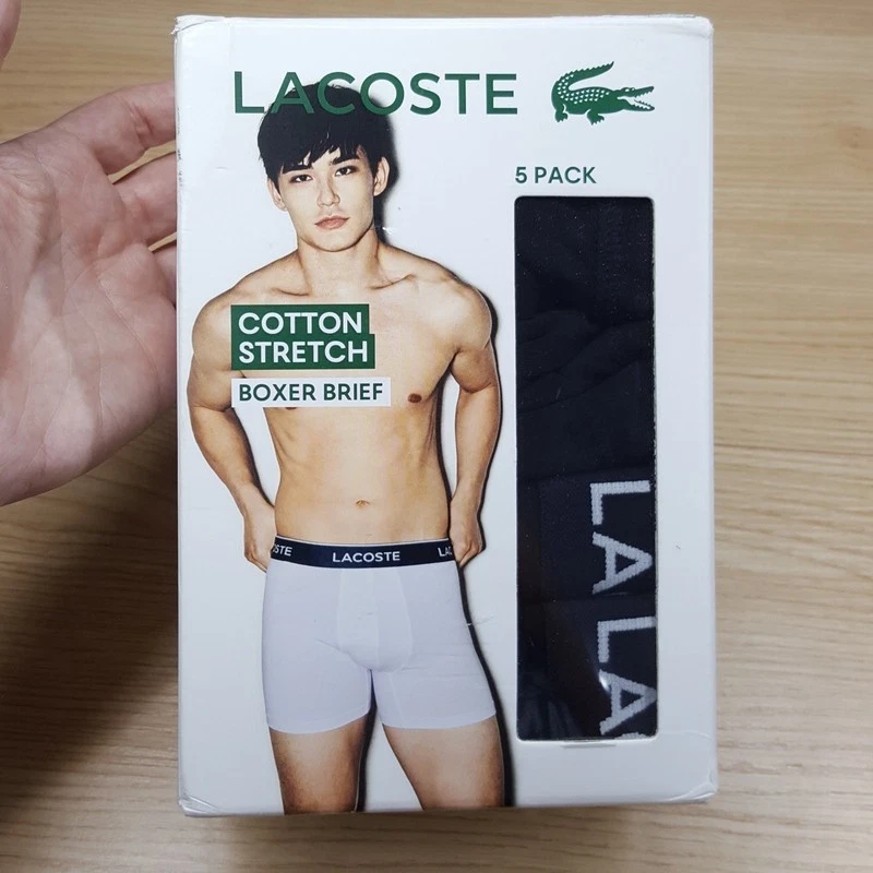 Paquete de 5 calzoncillos boxer LACOSTE para hombre XL negros lisos algodón elástico logotipo de baúl Foto 2 de 4