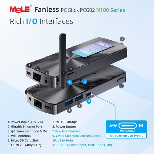 MeLE PCG02 N100 Mini PC Stick 8GB LPDDR4x 128GB eMMC, Full Function USB-C Fan... - Picture 5 of 9