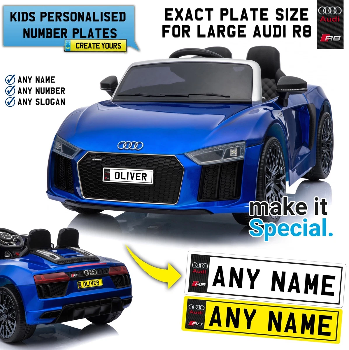 Ride On Audi R8 Spyder Personalised Number Plate For Kid Electric Car Exact Size