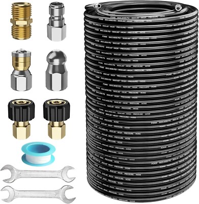 200FT Sewer Jetter Nozzles Kit 4000PSI Drain Cleaner Hose for Pressure Washer