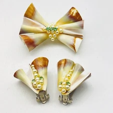 Enamel Bow Brooch And Earrings Set Gold Cream Brown Tone Vintage Creations Boxed