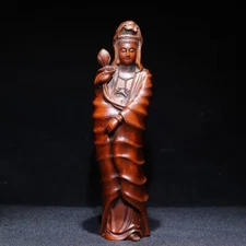 Chinese Boxwood Wood Carving Exquisite Kwan-yin Statue Wooden Figurines Art gift