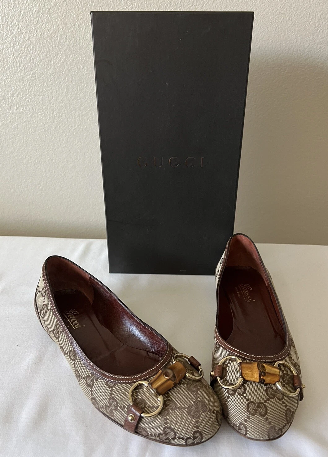 Ballet plat imprimé signature en toile GUCCI bambou marron taille 6B
