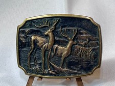 1978 Vtg BTS Solid Brass Belt Buckle Two Male Bucks Deer Stags Wildlife Scene