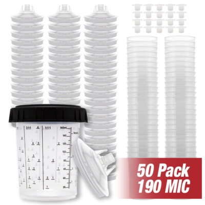 PPS Disposable Paint Spray Gun Cups Liners & Lid System 190 Mic 50 Pack