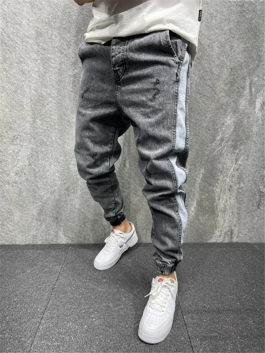 Mens Casual Baggy Jeans Elastic Denim Pants Casual Slim Fit Hip