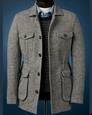 Men Gray Tweed Blazer Sport Jacket Vintage Leisure Groom Tuxedo Party Prom Suit