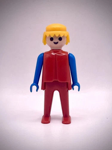 Vintage Geobra Playmobil Single Figure 1974 Red & Blue with Blonde Hair