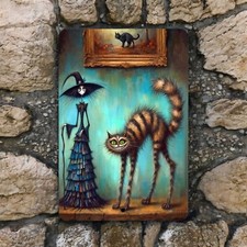 Witch and Cat Metal Sign - Halloween Wall Art, Whimsical Gothic Home Decor
