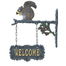 Double Sided Hanging Welcome Sign Squirrel Eating A Nut Plaque Decor 9" Wide