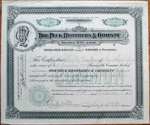 New Haven, CT 1902 Aktienzertifikat: Peck Brothers & Co. - Connecticut Conn