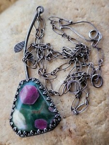 Artisan Modern Flower Pendant Necklace Ruby in Zoisite Set in Sterling Silver 