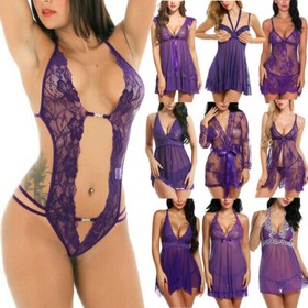 Lot Women Sexy Lingerie Dress G-string Underwear Purple Babydoll Nightwear Set