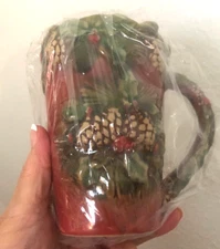 Vtg Xmas Rustic TII COLLECTION Pine Cone CERAMIC TALL COFFEE MUG Green Rust