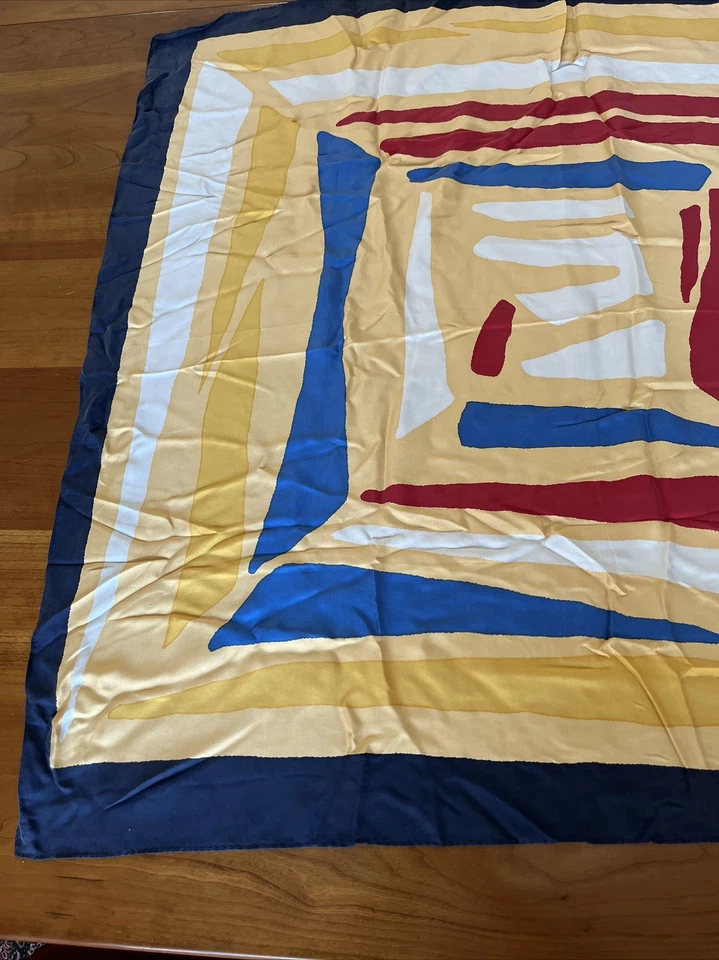 Talbots Silk Scarf Navy PeachAmber Modern Print 100%Silk 33” Square Japan EUC - Image 2 of 4