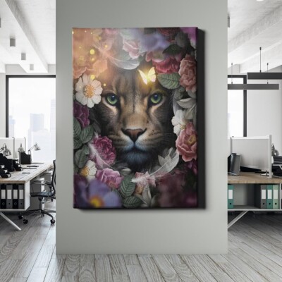  WANDBILD LEINWAND, ACRYLGLAS LÖWE SCHMETTERLING BLUMEN TIERE WANDBILD PREMIUM