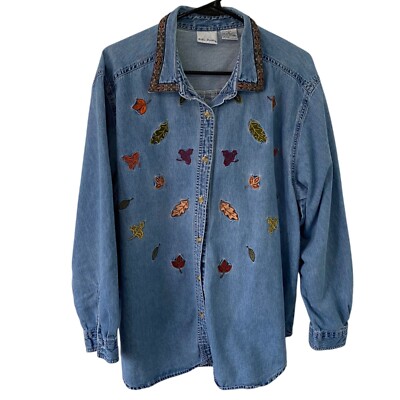 Vintage Bobbie Brooks Denim Shirt Womens Size XL Embroidered Leaves Button Up