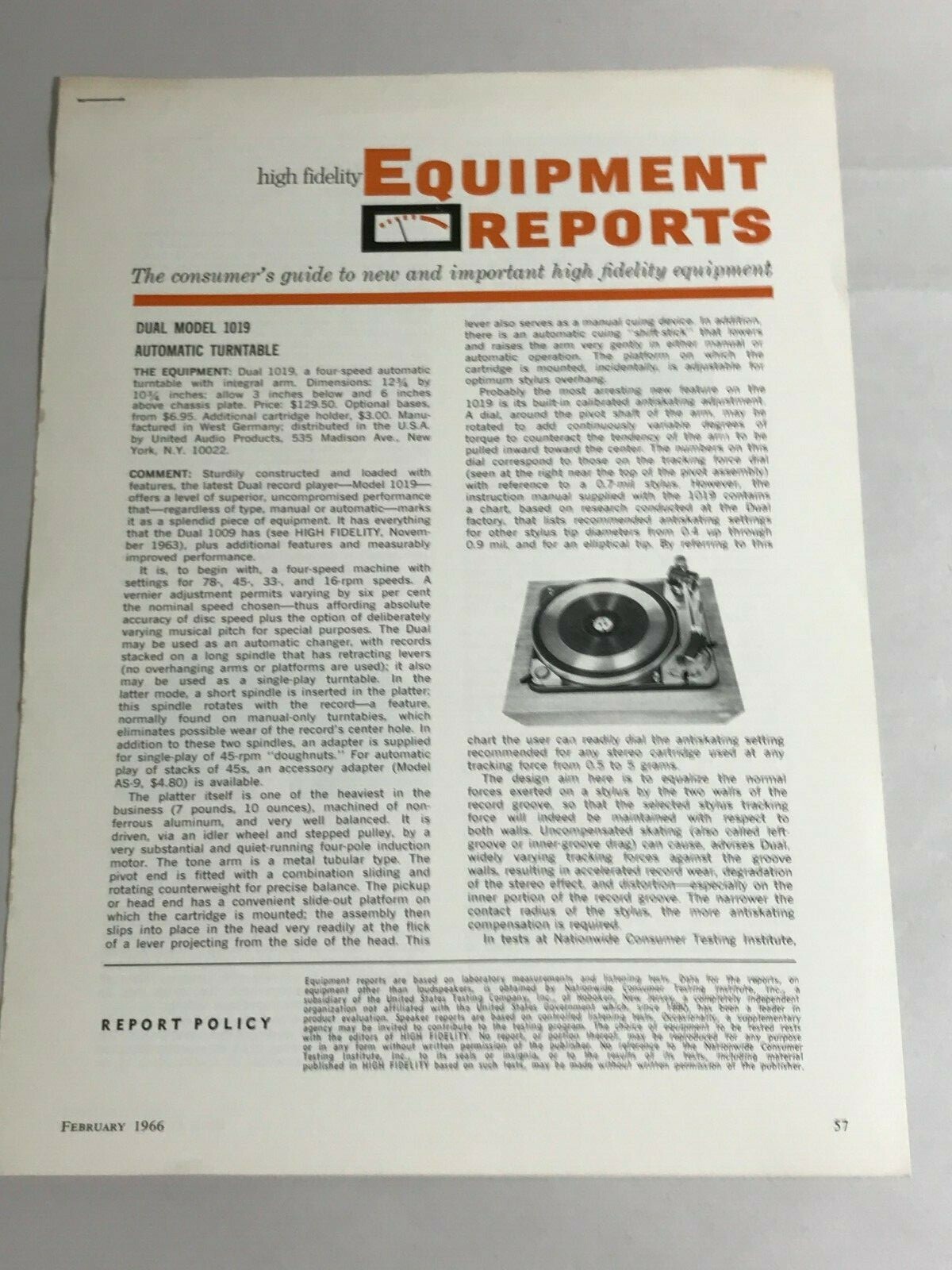 Rare 1960's Dual Model 1019 Turntable Sales Brochure