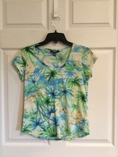 Chaps Woman’s petite small shirt blue green palm trees short sleeves v neck euc