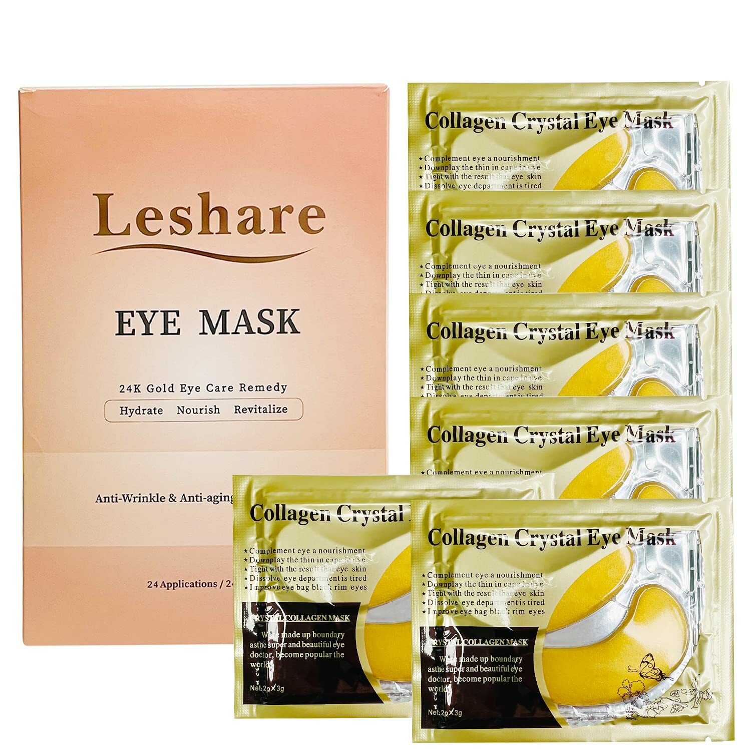 24K Gold Eye Mask Reduces Dark Circles & Puffiness with Collagen - 24 Pairs-image