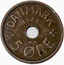 1932 Denmark 5 Ore Copenhagen Heart Mint Mark World Coin KM# 828.2 Lot A4-219