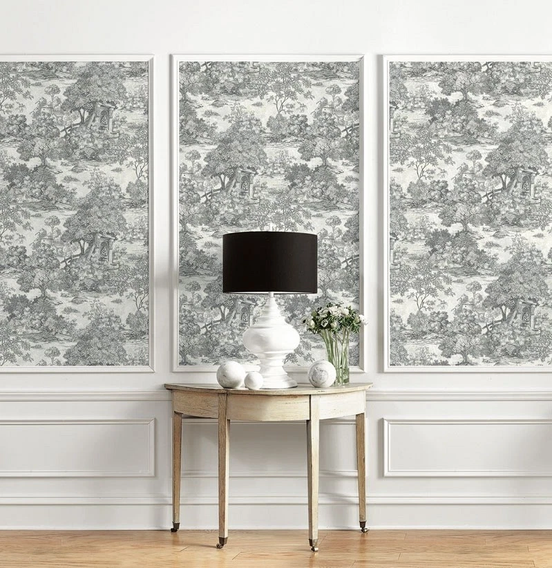 Papel tapiz diseñador negro sobre gris topo imitación campo baño escénico, pernos de 60 pies cuadrados Foto 2 de 2