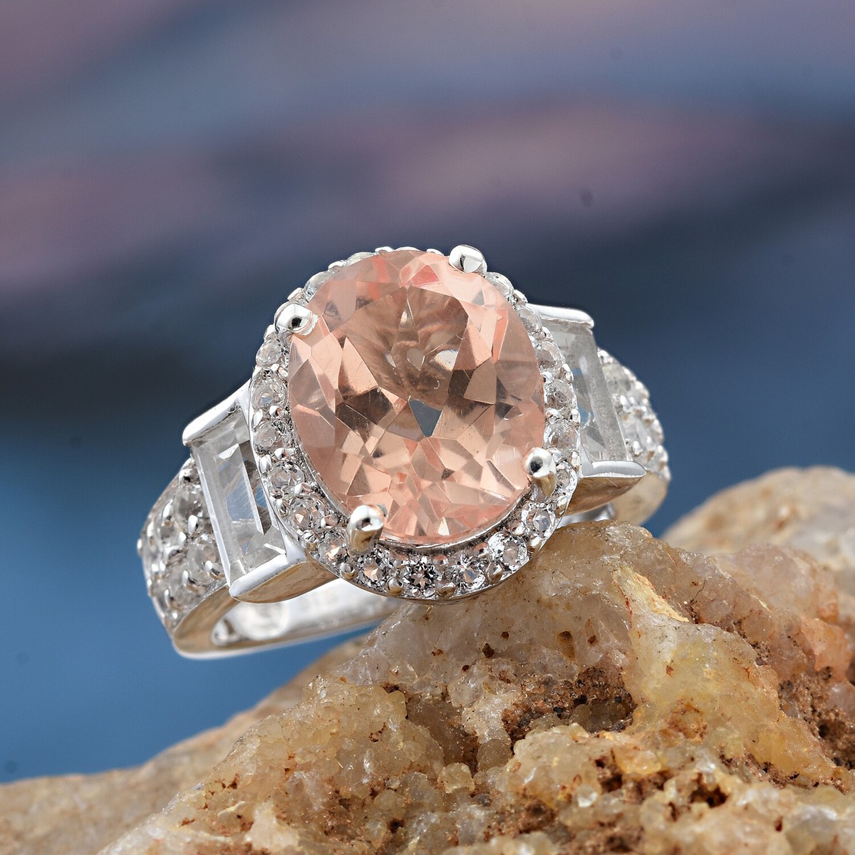 Morganique Quartz, White Topaz Platinum Over Sterling Silver Ring