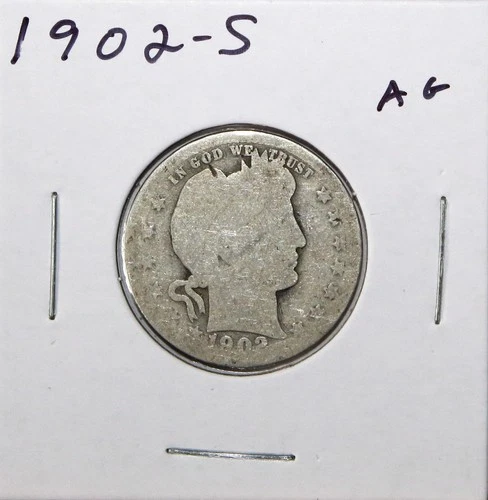 1902 S US Barber 90% Silver Quarter 25c AG About Good Free Shipping