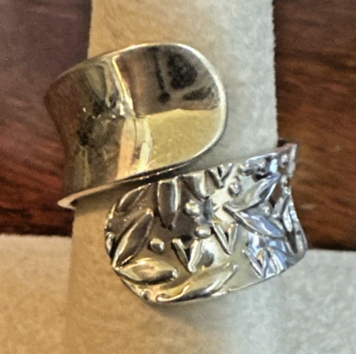 Vintage ATI Mexico 925 Silver Flora Bypass Ring Cigar Band Size 8 Adjustable