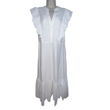 BCBGMAXAZRIA Women's Ruffle Short Sleeve Maxi Dress V Neck White Large Cotton