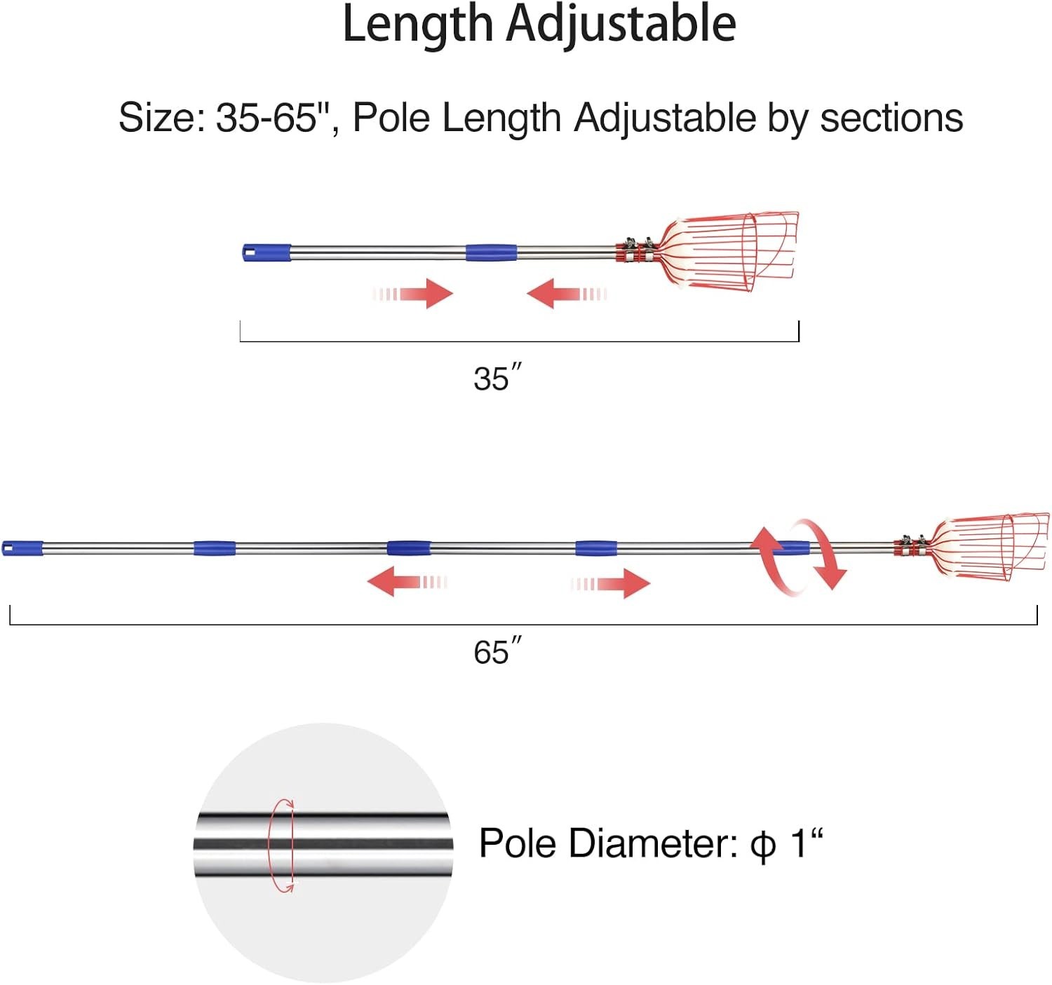 DonSail Fruit Picker Pole Tool with Basket Long Handle, 35-65 Inch Adjustable Ap