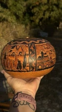 Peruvian Vintage Hand Carved Folk Art Gourd Storyteller Llamas Mate Burilado