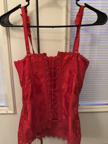 Frederick's of Hollywood Red Satin Lace-Up Bustier Corset Top 34B